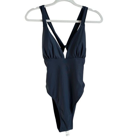 CUPSHE One-Piece Cut Out Cross Back Deep‎ V-Neck Ruched High Cut Navy Medium NEW - Picture 1 of 16